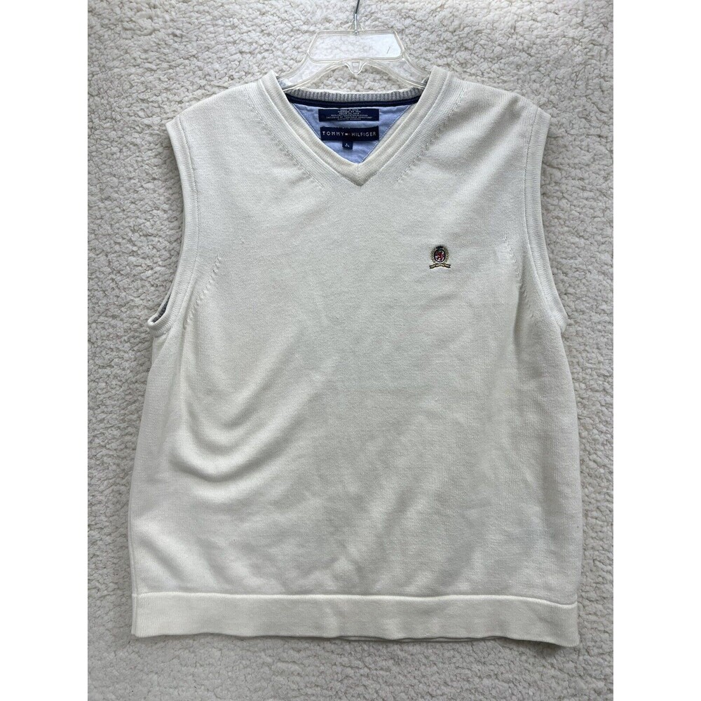 Tommy Hilfiger Sweater Vest Adult L Beige Cotton Knit Logo V Neck Pullover Mens